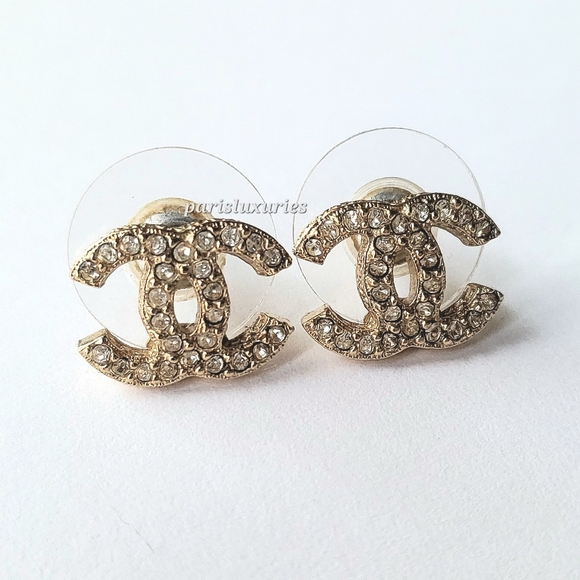 CHANEL F16 V CC Gold Rhinestone Curvy Earrings - Picture 2 of 5